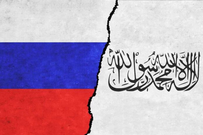 Russia,And,Taliban,Painted,Flags,On,A,Wall,With,A