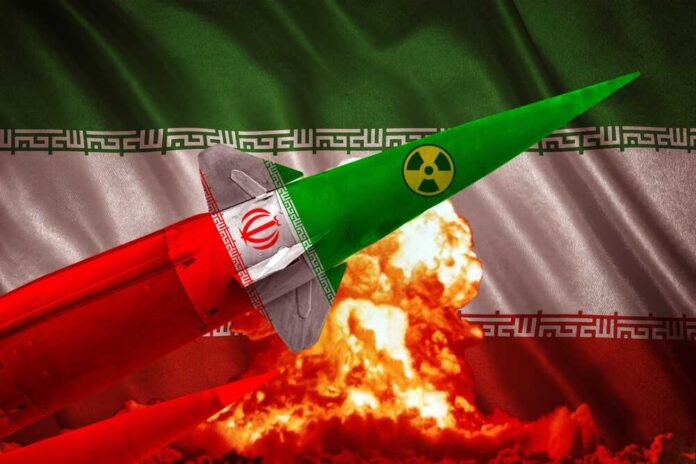 A,Nuclear,Missile,With,Iran's,Flag,And,Symbol,Against,A