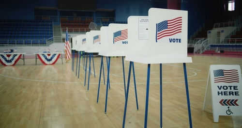 Voting booths lined up in a gymnasium.