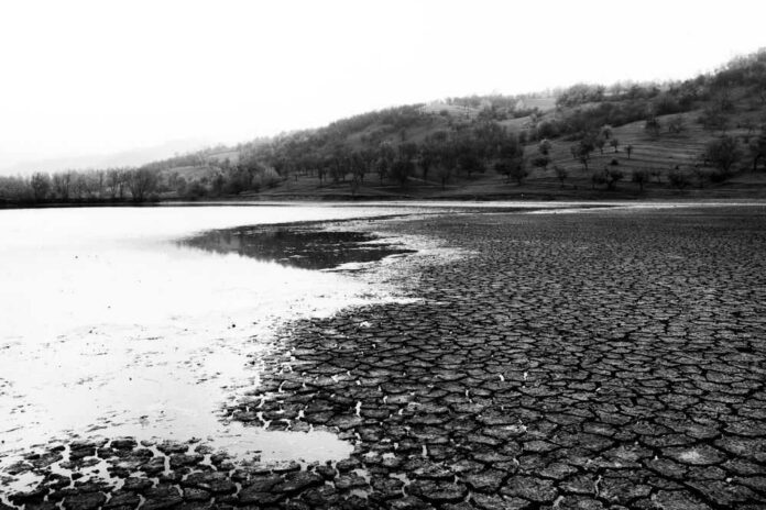 Cracked earth beside water under overcast sky.
