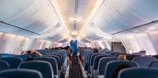 Interior view of airplane cabin with passengers