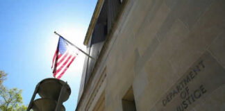 United States flag Department of Justice building exterior