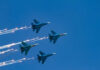 Russia’s Su-34s FALLING Fast – Shocking Losses! Four military jets flying in formation with smoke trails against a blue sky