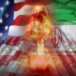A composite image featuring the US and Iranian flags with a nuclear explosion in the center