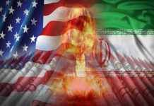 Epic Fury Escalates: U.S. Casualties Mount A composite image featuring the US and Iranian flags with a nuclear explosion in the center