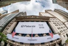 Shocking Palantir Donations Stir Outrage Palantir Technologies banner displayed on the New York Stock Exchange building