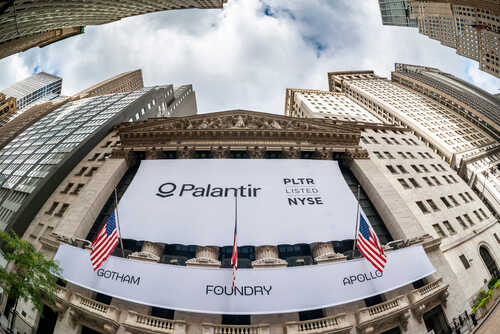 Palantir Technologies banner displayed on the New York Stock Exchange building