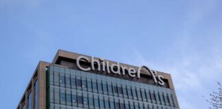 Exterior view of a children's hospital building with a clear sky