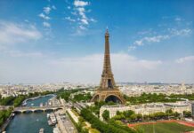 Aerial view of the Eiffel Tower in Paris with the Seine River and cityscape