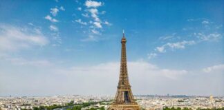Aerial view of the Eiffel Tower in Paris with the Seine River and cityscape