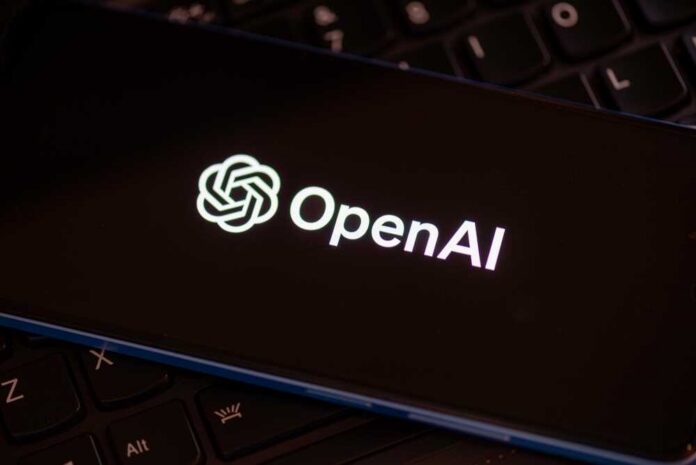 Close-up of a smartphone displaying the OpenAI logo on a dark screen