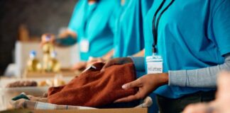 Volunteers sorting donations in a community service setting