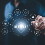 Person interacting with digital icons related to deepfake technology and cybersecurity