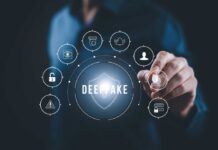 Election Chaos: AI Deepfakes Unleash Voter Confusion Person interacting with digital icons related to deepfake technology and cybersecurity
