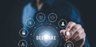 Person interacting with digital icons related to deepfake technology and cybersecurity