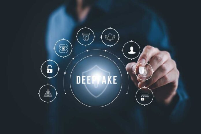 Person interacting with digital icons related to deepfake technology and cybersecurity