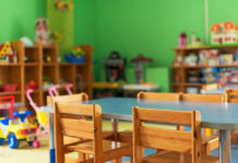 School Scandal EXPOSED: Aide’s Hostile Pattern Brightly colored classroom with wooden tables and shelves filled with toys