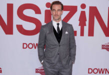 A man in a gray suit standing on a red carpet at a film premiere