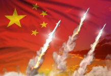 Missiles launching against a backdrop of the Chinese flag