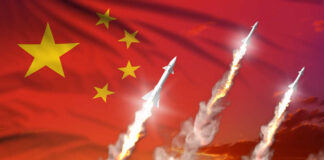 Missiles launching against a backdrop of the Chinese flag