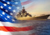 Navy Blockade Unleashed: Hormuz Tensions Explode A naval ship sailing in the ocean with an overlay of the American flag
