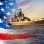 Navy Blockade Unleashed: Hormuz Tensions Explode A naval ship sailing in the ocean with an overlay of the American flag