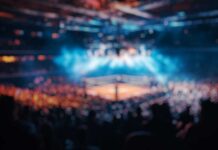 Blurred view of a boxing ring surrounded by a cheering crowd