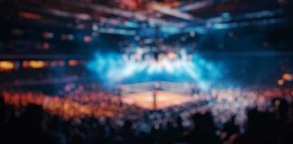 Blurred view of a boxing ring surrounded by a cheering crowd