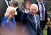 Royal couple waving during a public event