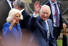 Royal couple waving during a public event