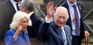 Royal couple waving during a public event