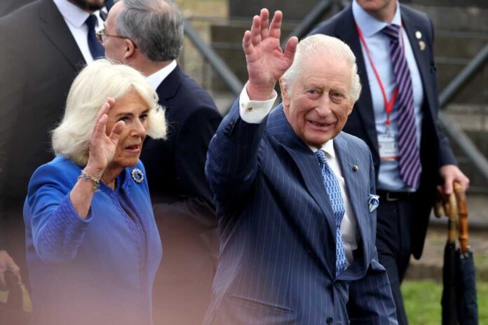 Royal couple waving during a public event