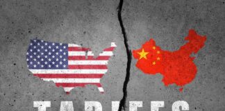 Graphic representation of the USA and China with the word 'TARIFFS' beneath