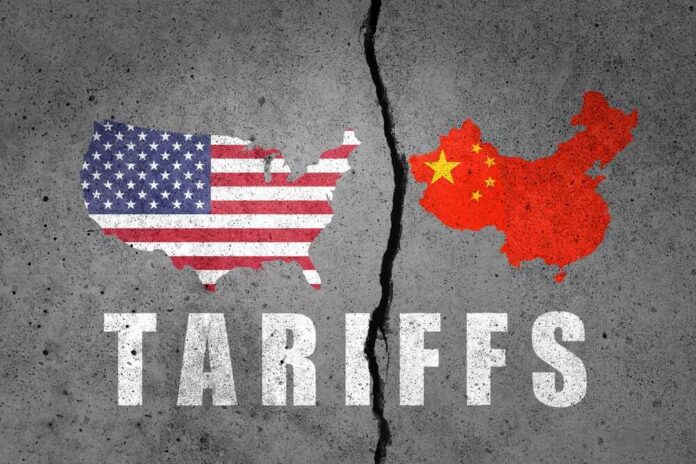 Graphic representation of the USA and China with the word 'TARIFFS' beneath