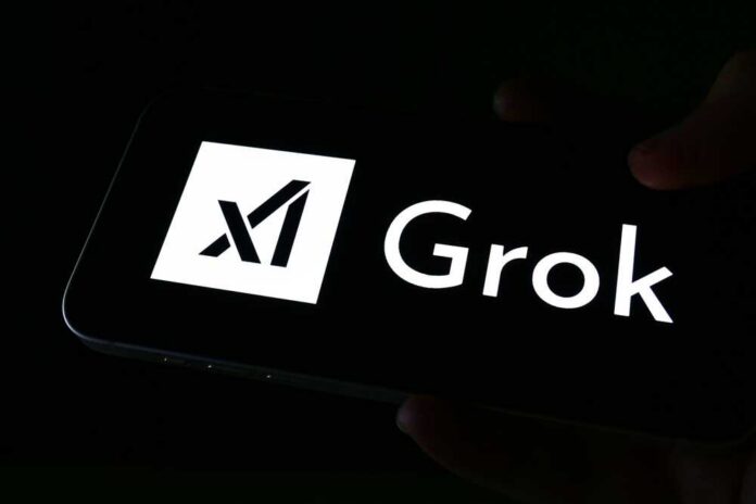 A smartphone screen displaying the Grok logo in white against a dark background