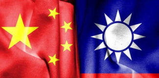China and Taiwan flags side by side.
