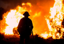 Explosive Wildfire GROWTH—What’s To Blame? Firefighter silhouetted against massive wildfire flames