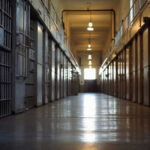 Empty prison corridor with metal cell doors visible
