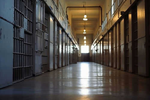 Empty prison corridor with metal cell doors visible