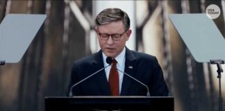 House Speaker Mike Johnson prays with attendees at Rededicate 250 National Prayer Jubilee