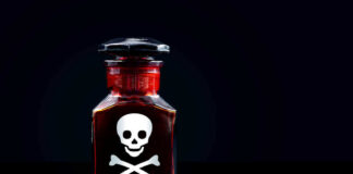 Bottle with skull and crossbones warning symbol