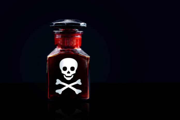 Bottle with skull and crossbones warning symbol