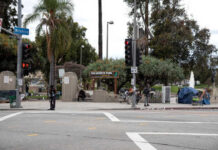 Intersection near MacArthur Park with traffic lights and palm trees