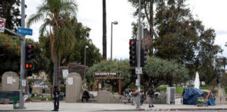 Intersection near MacArthur Park with traffic lights and palm trees