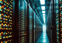Interior view of a data center with illuminated server racks