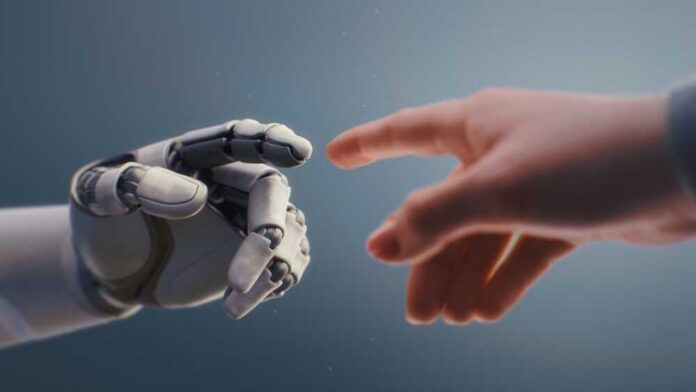 A robotic hand reaching out to touch a human hand