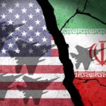 U.S. Hits Back! Iranian Attacks Test Limits! A cracked wall featuring the flags of the United States and Iran, with military aircraft silhouettes