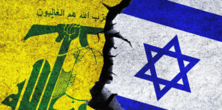 Hezbollah and Israeli flags split by a crack.