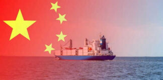 Ship at sea with Chinese flag overlay