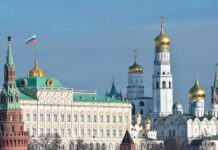 Kremlin Vows VIOLENT Strikes — How Far? View of the Kremlin with golden domes and the Russian flag